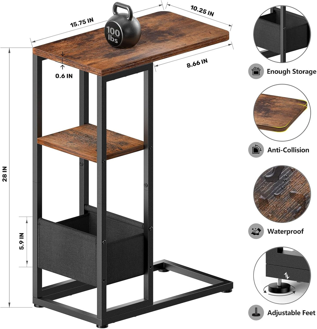 C Shaped End Table, Small Side Table for Couch, Recliner, Slide Under Sofa Tray Desk Snack Tables with Storage Bag for Living Room,Bedroom, Small Spaces - Rustic Brown