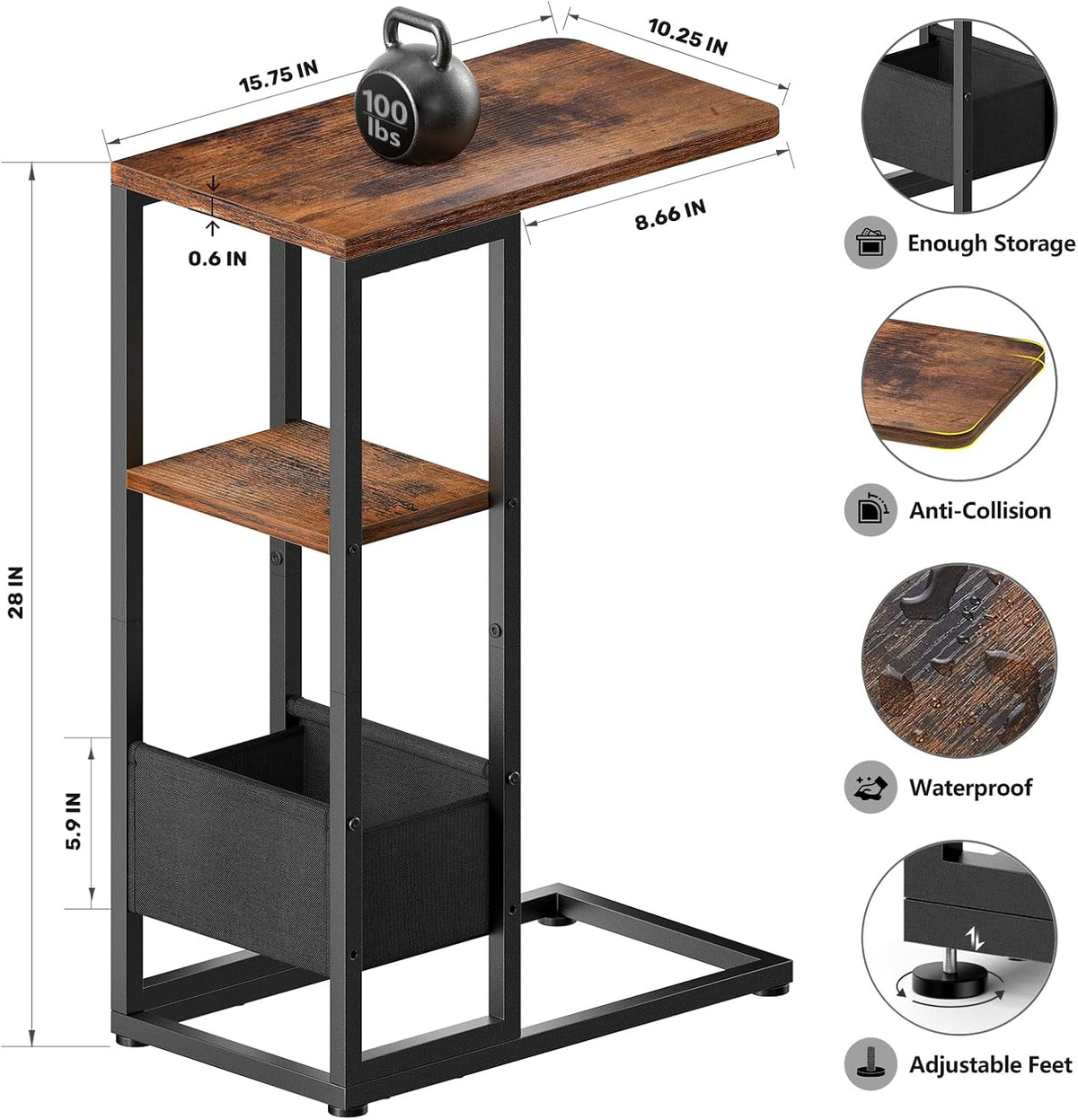 C Shaped End Table, Small Side Table for Couch, Recliner, Slide Under Sofa Tray Desk Snack Tables with Storage Bag for Living Room,Bedroom, Small Spaces - Rustic Brown