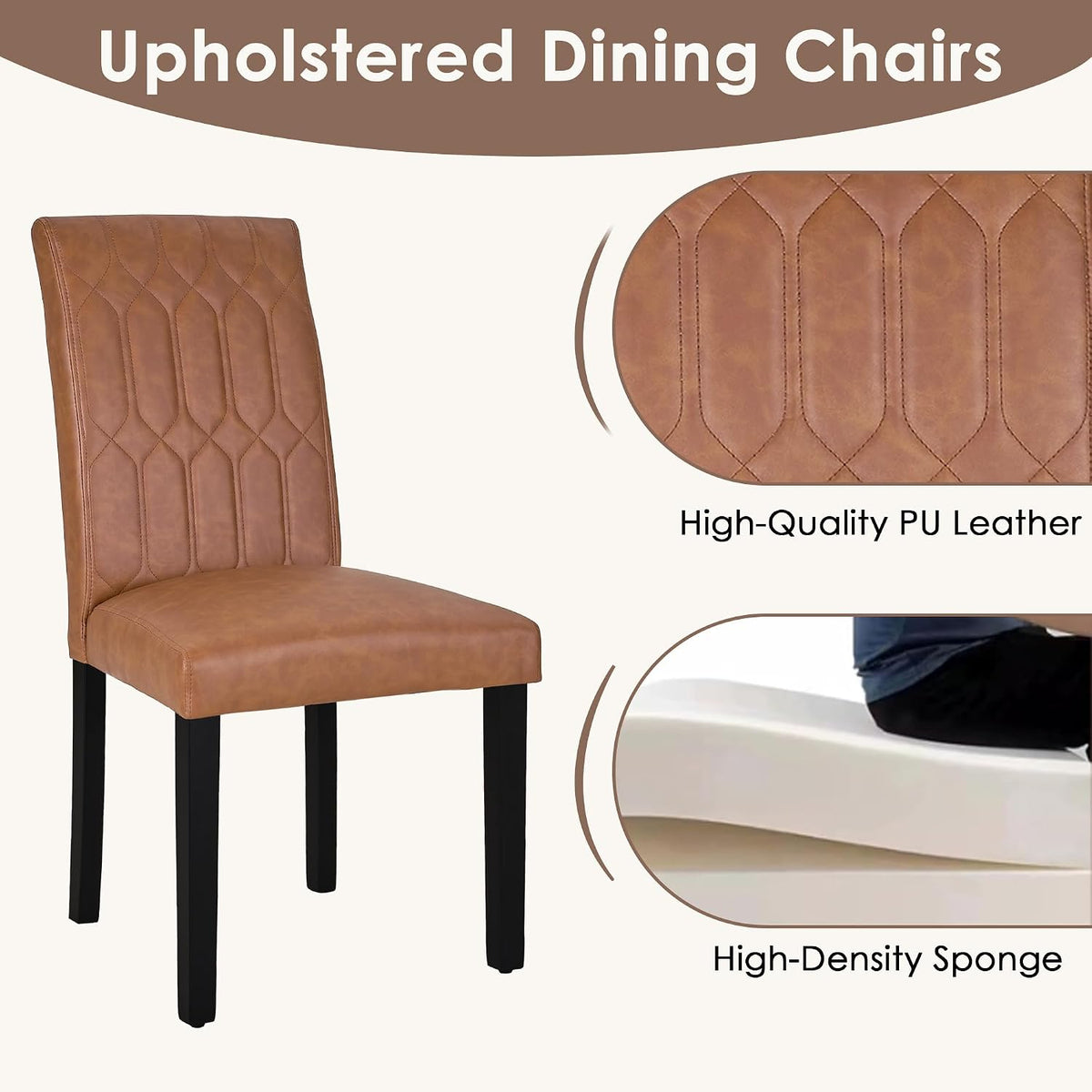 VECELO Upholstered Dining Chairs Set of 2, Modern PU Leather Accent Parsons, Solid Wood Legs w/Rubber Footpads, for Living Room Kitchen, Brown