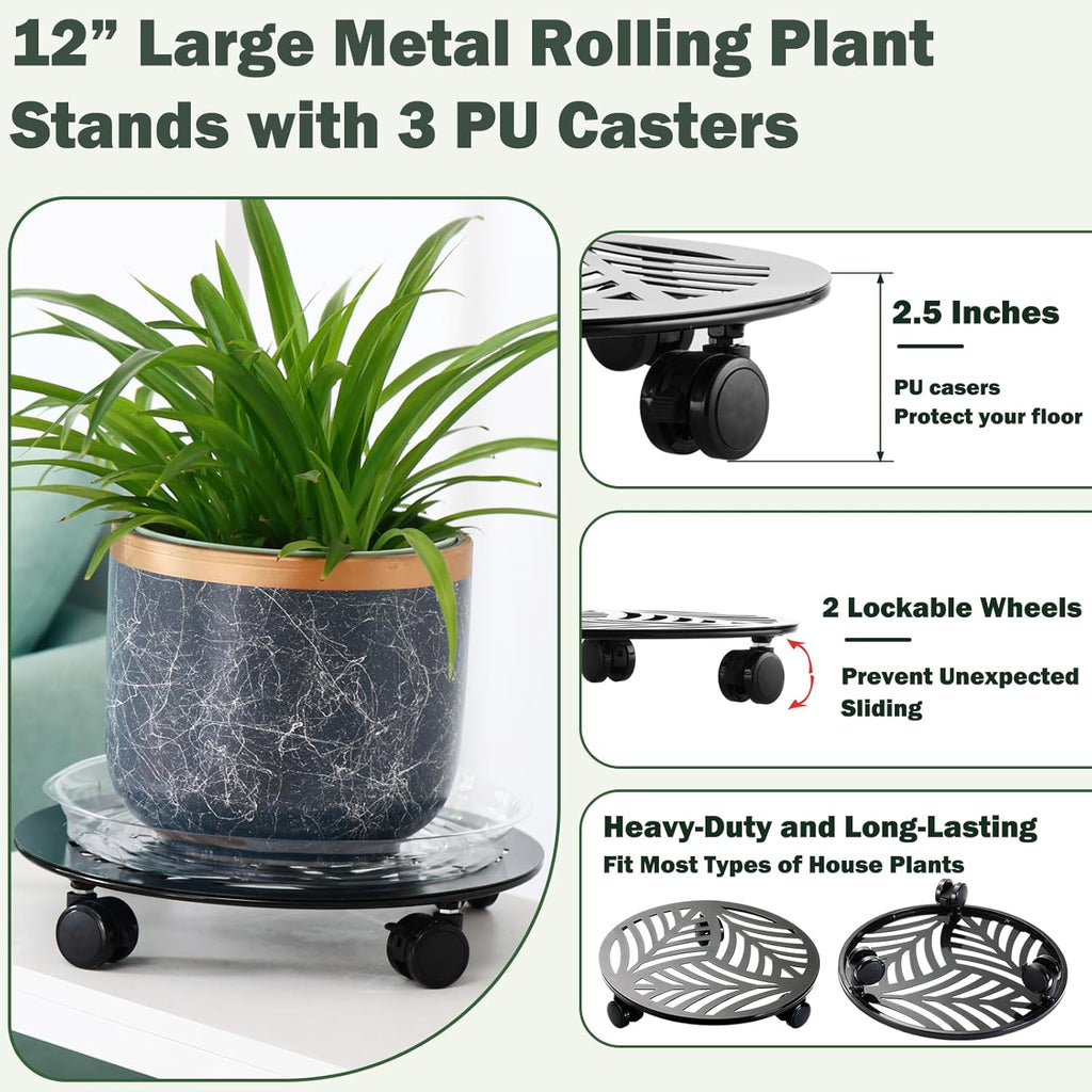 2 Packs Large Metal Plant Caddy with PU Wheels 12" Heavy-Duty Wrought Iron Rolling Plant Stands Indoor Outdoor Wheeled Plant Dolly Planter Mover Rollers Plant, Leaf Style