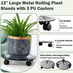 2 Packs Large Metal Plant Caddy with PU Wheels 12" Heavy-Duty Wrought Iron Rolling Plant Stands Indoor Outdoor Wheeled Plant Dolly Planter Mover Rollers Plant, Leaf Style