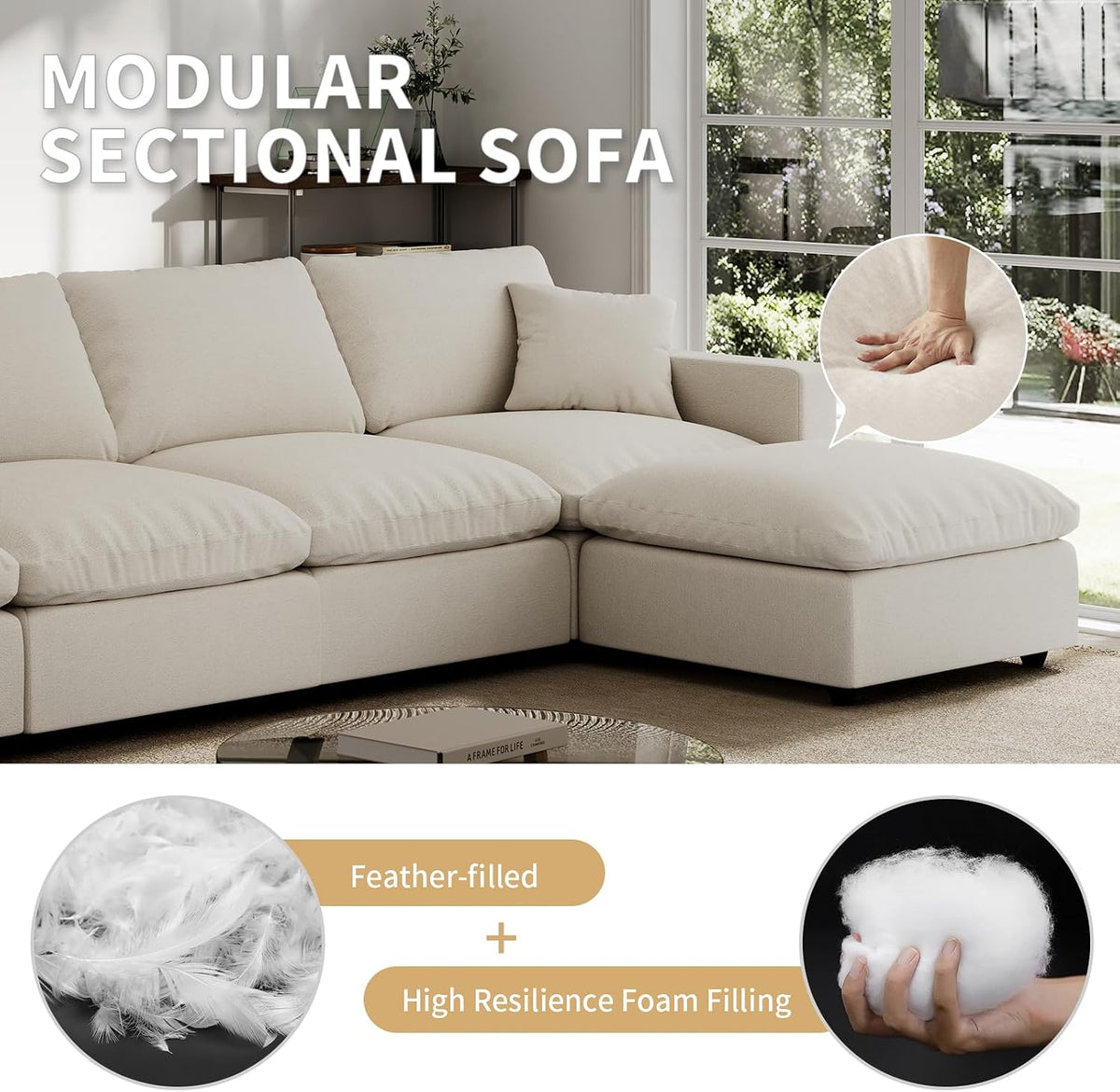 Modern Sectional Linen Couch for Living Room L-Shape Sofas,4 Seat Modular Cloud Sofas,Detachable Couch Cushion Covers,Cozy Feather Down Sofa for Apartment Khaki