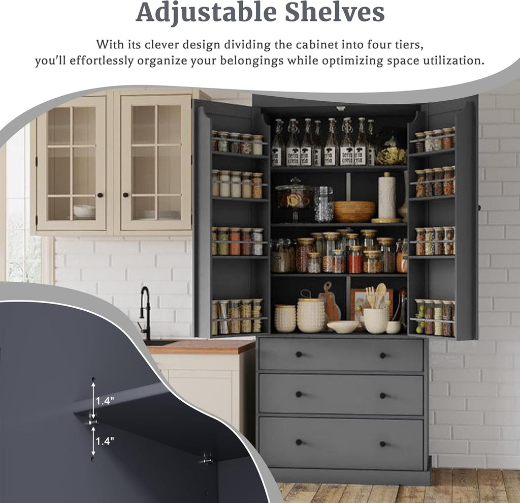 Ball & Cast 77" Freestanding Kitchen Pantry with 3 Drawers and Adjustable Shelves,Tall Cupboard Storage Cabinet with 8 Door Shelves, for Kitchen,Dining Room,Living Room,Apartment,Gray