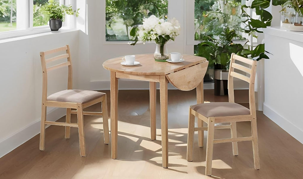 CARTESIAN 3-Piece Drop Leaf Dining Set, Natural Wood Table and 2 Chairs with Beige Cushions, Small Space Kitchen Furniture
