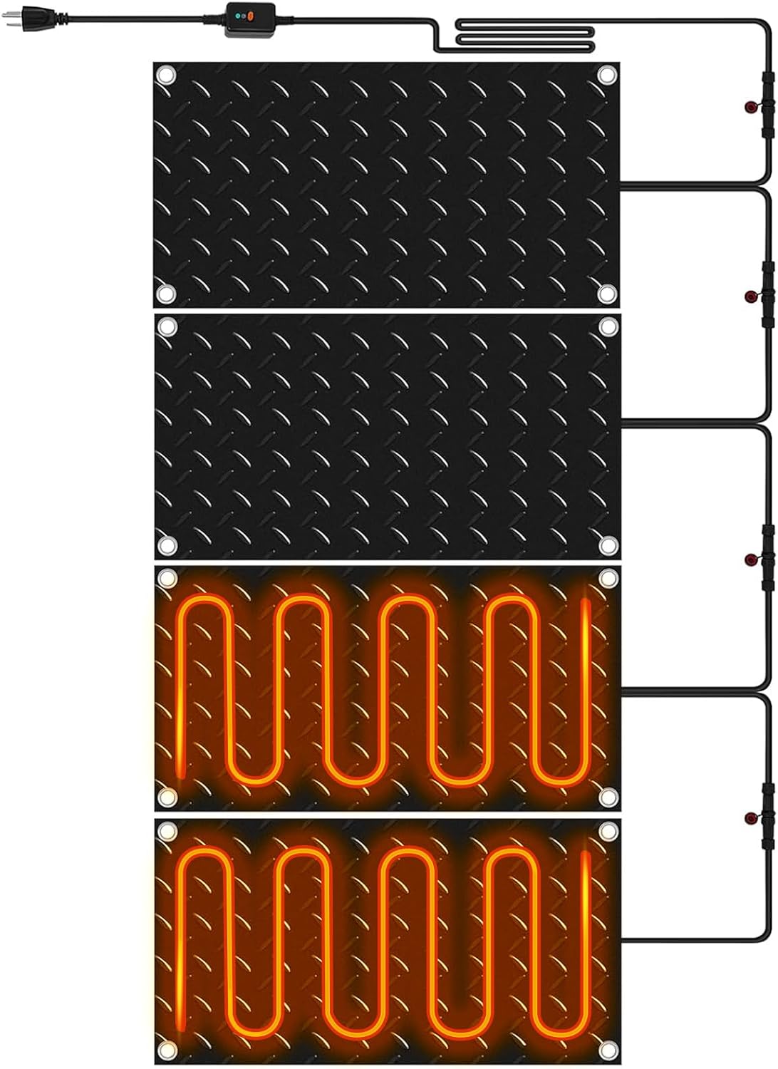 Riakrum 4 Pcs Heated Snow Melting Mats Outdoor, 10 x 15 in Winter Anti-Slip Heated Rubber Mat for Walkways Decks and Sidewalks, Snow and Ice Melting Pads Connection with 9.84 ft Power Cord