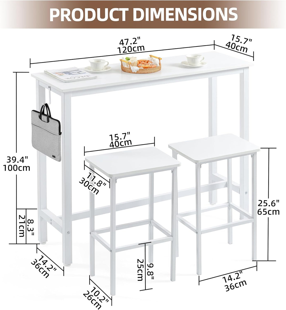 Finnhomy 47" Industrial Bar Table Set with 2 Stools - Counter Height Dining & Pub Table for Small Spaces, Kitchen, Apartment, Breakfast Nook - Metal & Wood, Space-Saving Furniture - White