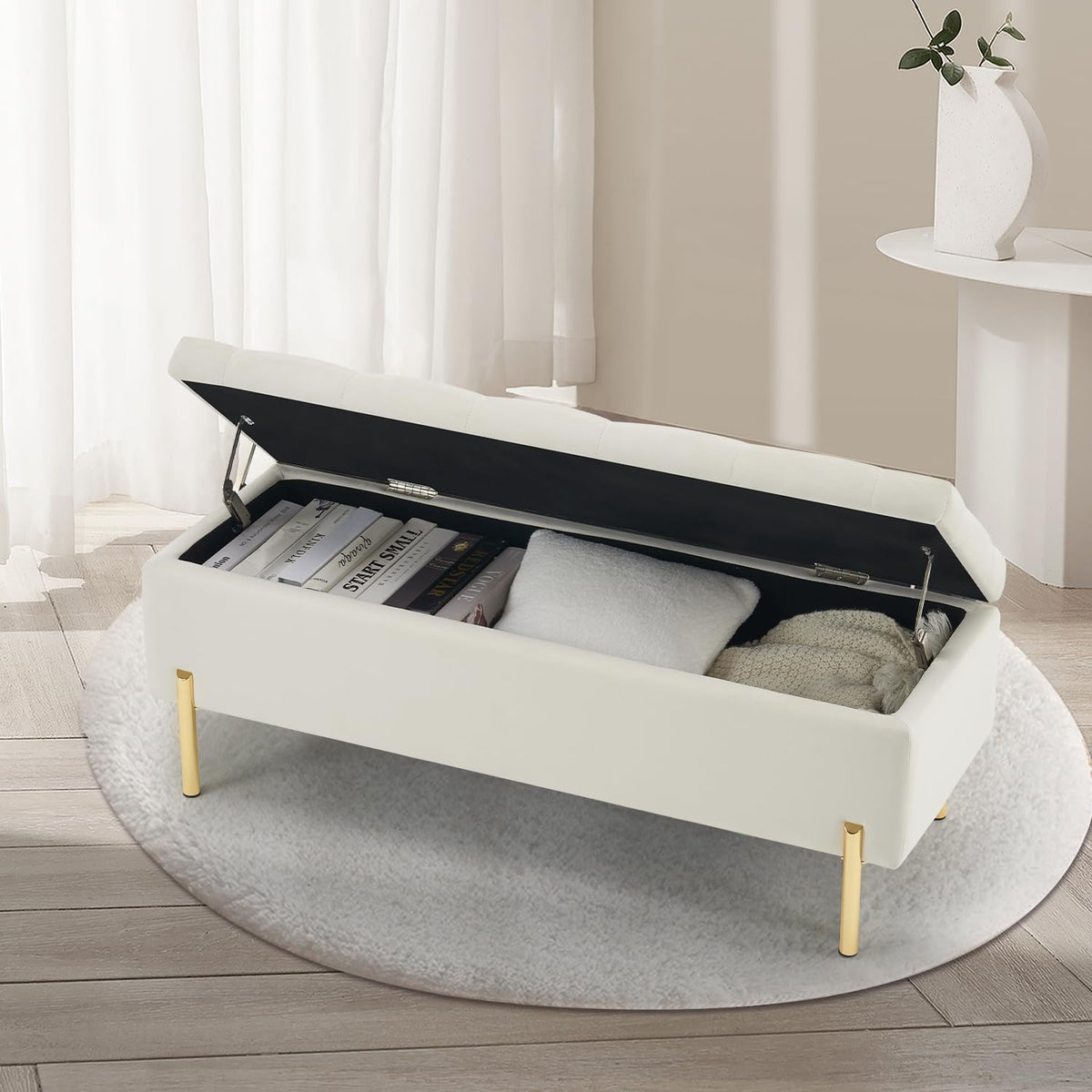 Velvet Storage Bench Ottoman,Versatile Seating with Hidden Storage,End of Bed Bench,Tufted Bench for Bedroom,Living Room,Entryway,Ivory