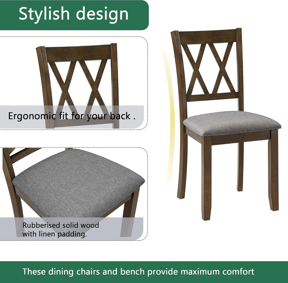 LUMISOL 5-Piece Solid Wood Dining Table Set for 4, Farmhouse Kitchen Table Set with 4 Upholstered Chairs for Kitchen, Dining Room, Living Room, Walnut