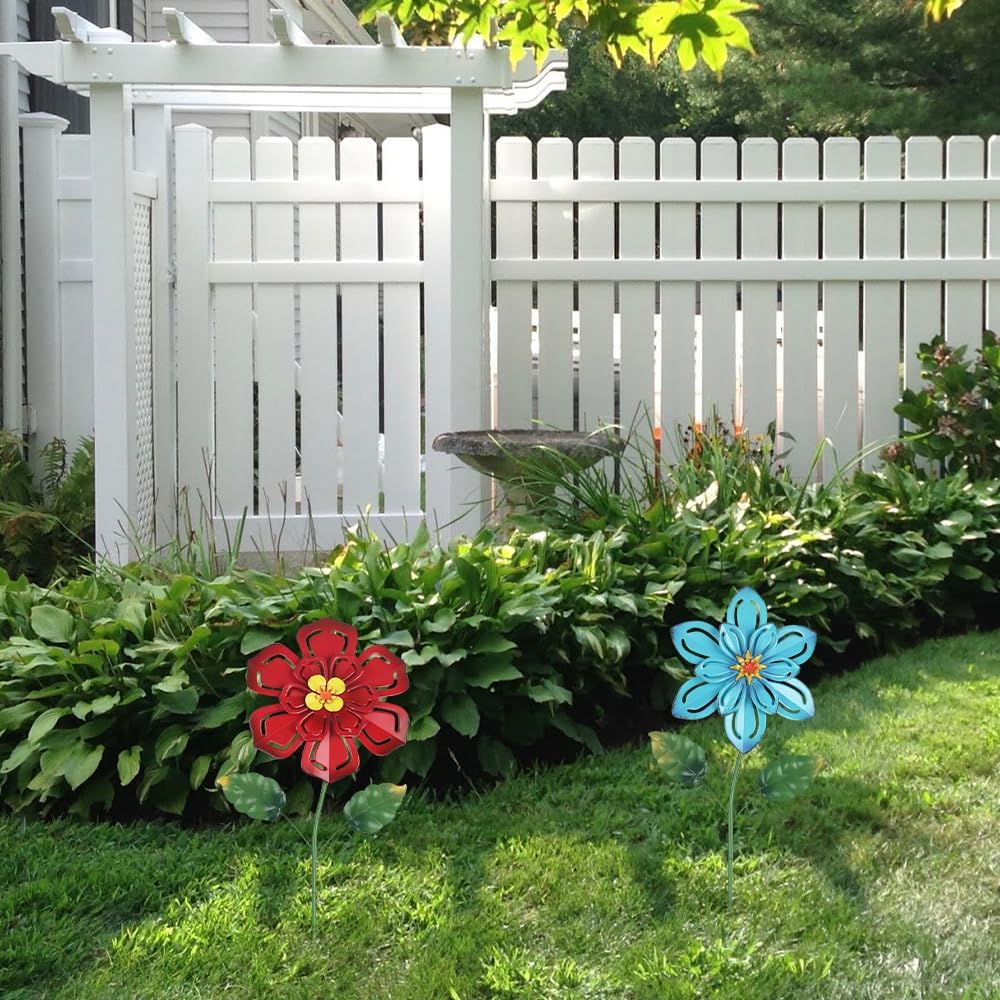 hogardeck Metal Flower Decorative Garden Stakes, 2 Pack 22" Outdoor Garden Decor with Shaking Flower Head Yard Stakes, Yard Art Spring Decorations for Patio Lawn (Blue & Red)