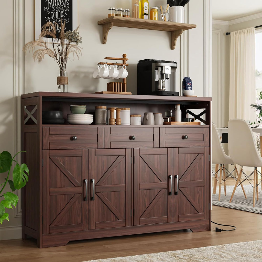 51" Dark Brown Buffet Sideboard Cabinet, Farmhouse Storage Cabinet Kitchen Pantry with Shelf and Drawers, Wood Cupboard Hutch Cabinet, Coffee Bar Station Table for Kitchen, Living Room, Dining Room