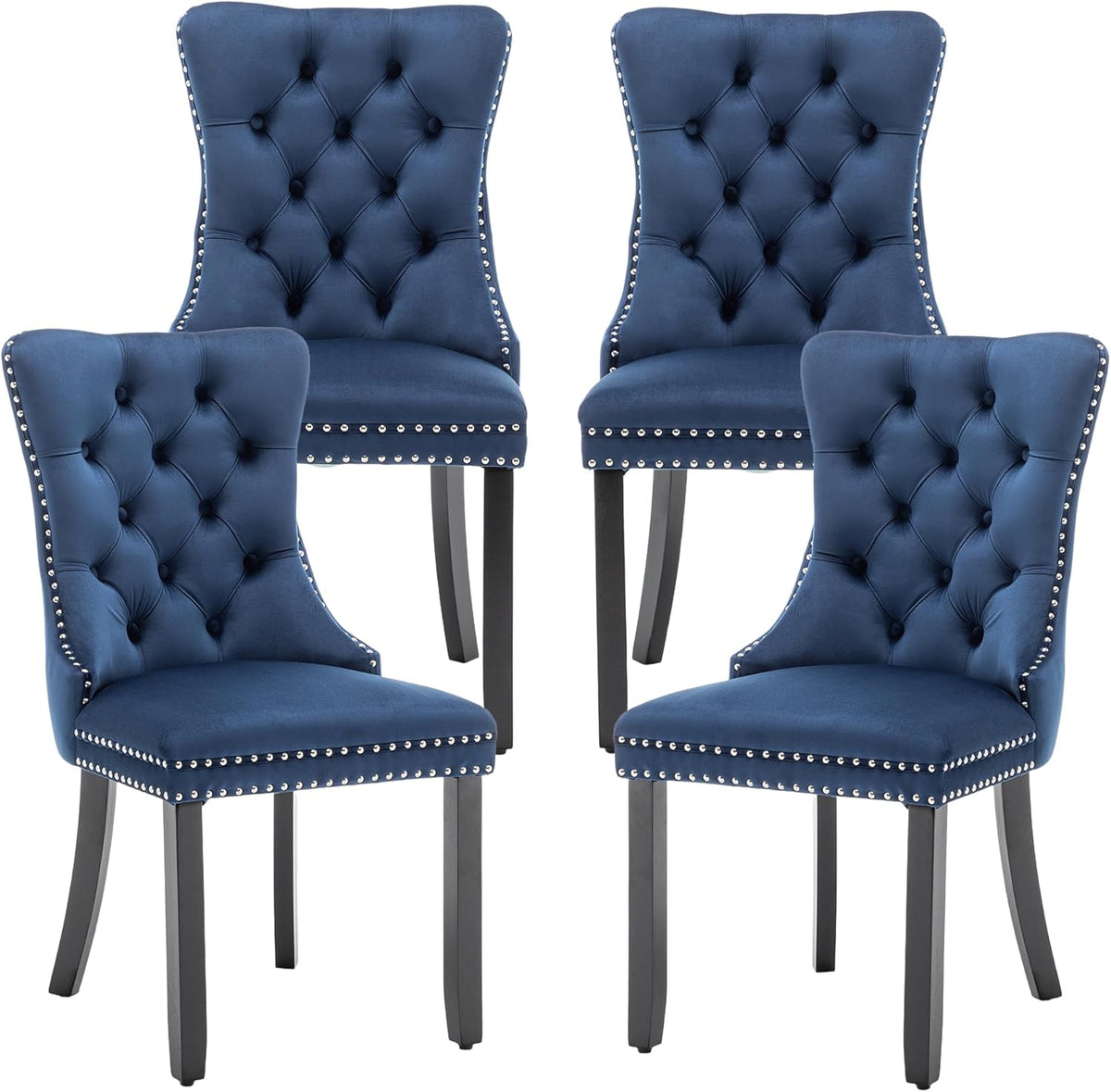 Mid Century Modern Dining Chair Set of 4 Velvet Upholstered Dining Accent Chair Farmhouse Dining Chairs with High Back and Nailhead Trim for Kitchen, Living Room, Bedroom (Blue)