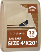 RAINDEWAY 4x20 Feet Heavy Duty Tarp,12 Mil Tan Waterproof Poly Tarp Cover,UV Resistant,Weatherproof,Durable,Multipurpose Tarps with Grommets and Reinforced Edges
