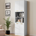 Cozy Castle Kitchen Pantry Cabinet, 75" Tall Wood Storage Cabinet with Doors and Shelves, 4 Doors Open Countertop Utility Hutch Cupboard for Dining Room Living Room Bathroom Furniture, White