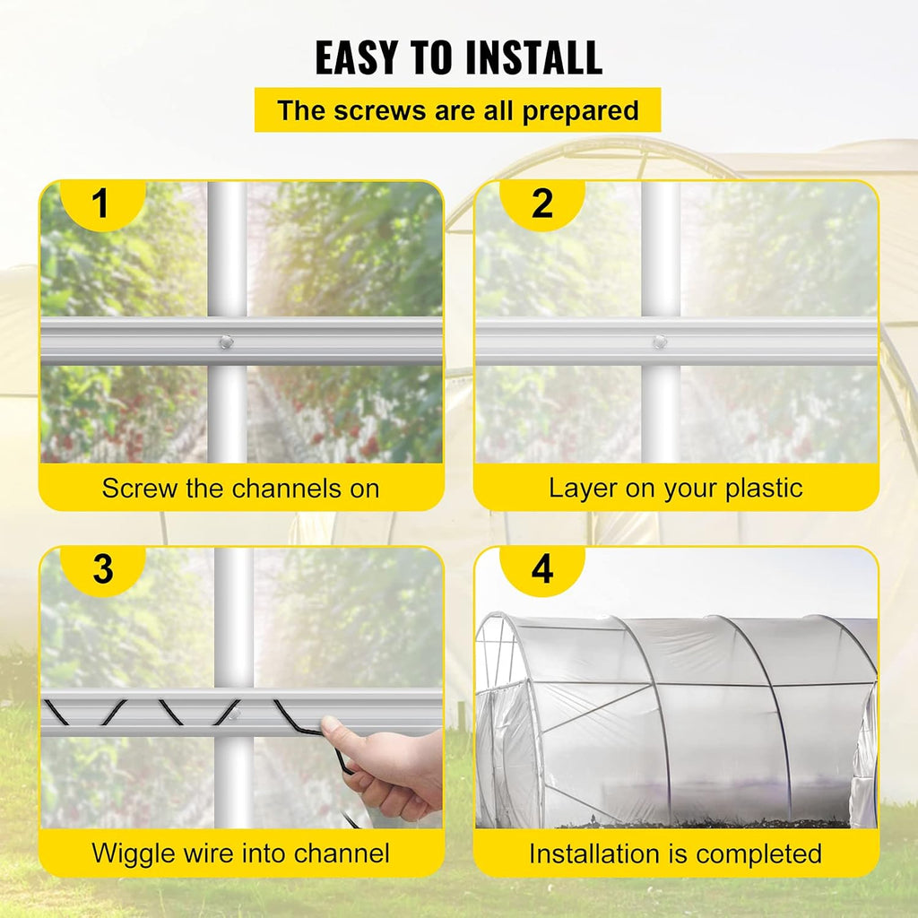 VEVOR Greenhouse Spring Wire and Lock Channel 40 Packs, 6.56 ft PE Coated Aluminum Alloy Bundle Kit, Silver Plastic Poly Film or Shade Cloth Attachment w/Screws