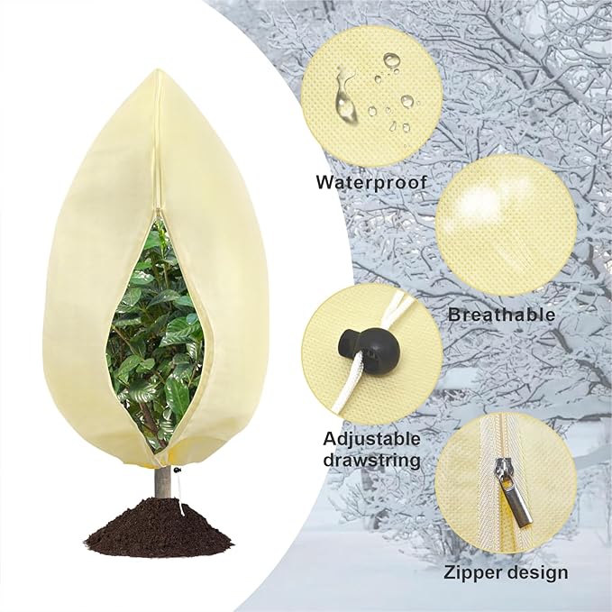 8 Pack Plant Covers Freeze Protection, 31.5"x47.2" Frost Blankets with Zipper Drawstring, Winter Cold Weather Plant Protection Jacket for Outdoor Plants Potted Shrubs Trees from Freeze Animals, Beige