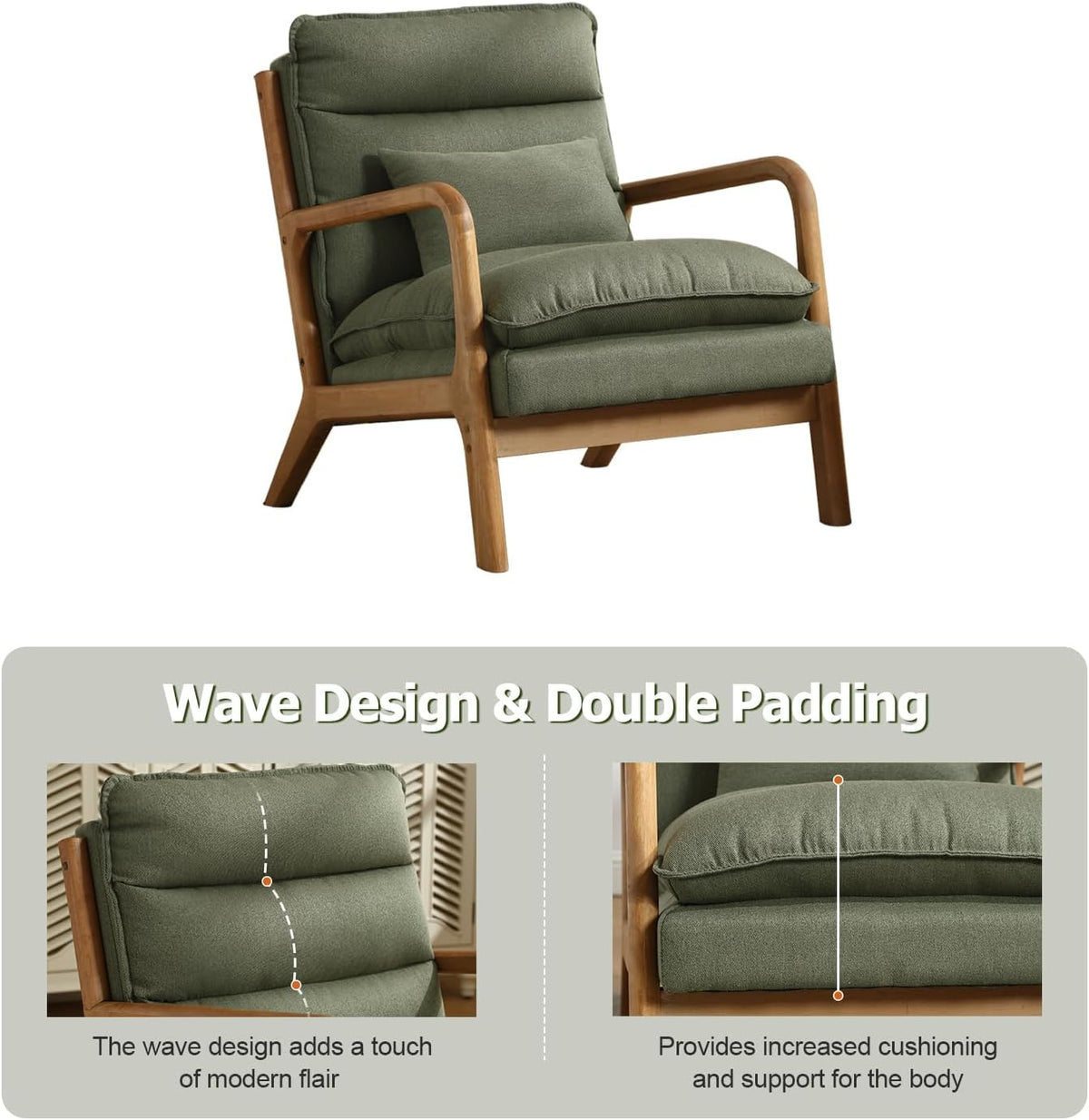 INZOY Mid Century Modern Accent Chair with Wood Frame, Upholstered Reading Armchair with Waist Cushion, Double Padded Accent Chair, Side Chair for Living Room Bedroom Office, Easy Assembly, Green
