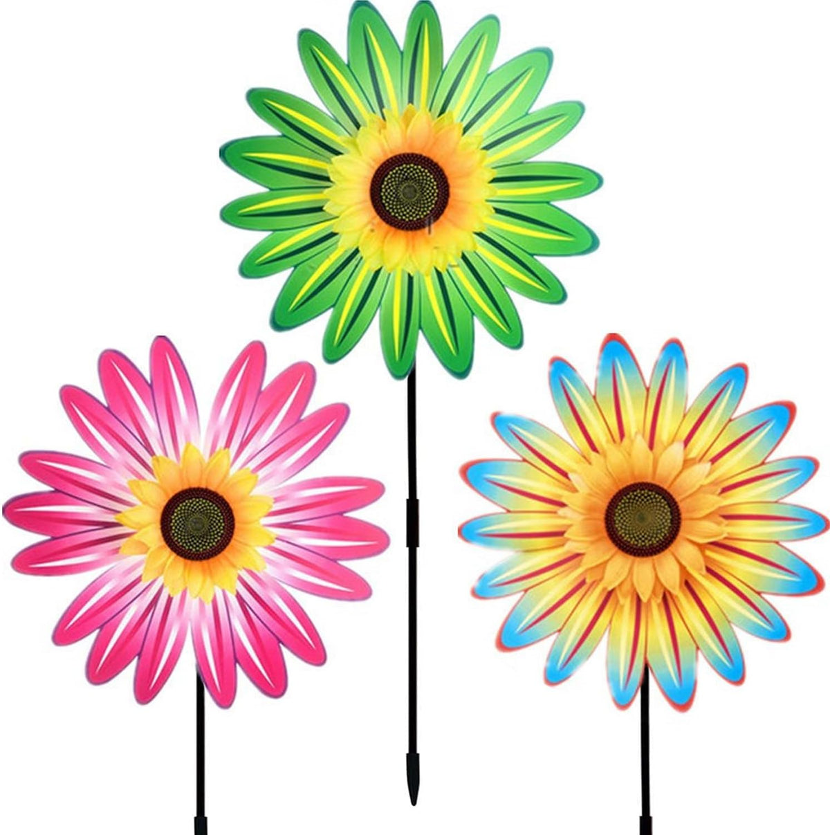 3PCS Sunflower Pinwheels Outdoor Wind Spinners, Colorful Flower Windmill Decorative Pinwheel for Garden, Yard, Party Outdoor Decor(Green, Blue, Pink)