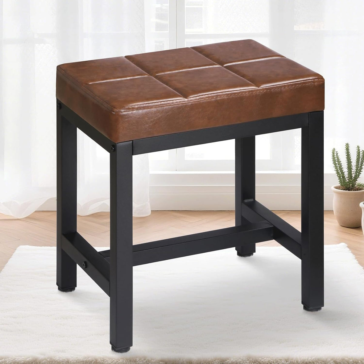 Vanity Stool, Vanity Chair for Makeup Room, Square Faux Leather Small Ottoman Foot Stool with Metal Legs, Modern Makeup Chair for Bedroom, Living Room, Brown