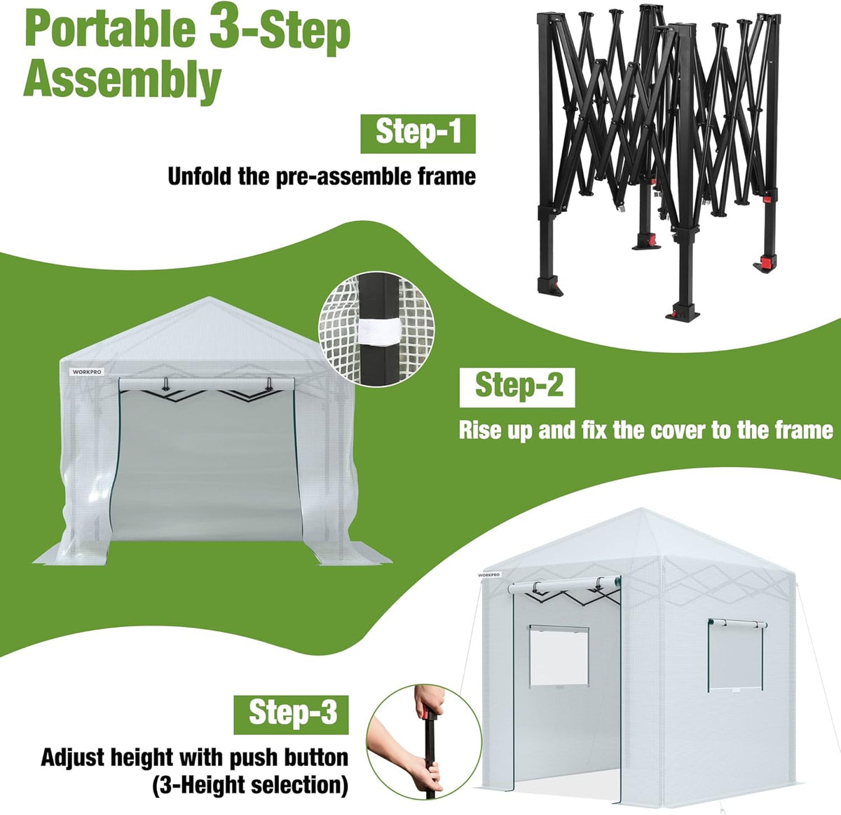 WORKPRO Greenhouse, 94" x70" x98" Instant Pop-up Heavy Duty Gardening Green House Canopy with Robust PE Cover, Indoor Outdoor Plant House Shed with Roll-up Entry Doors and 2 Screen Windows