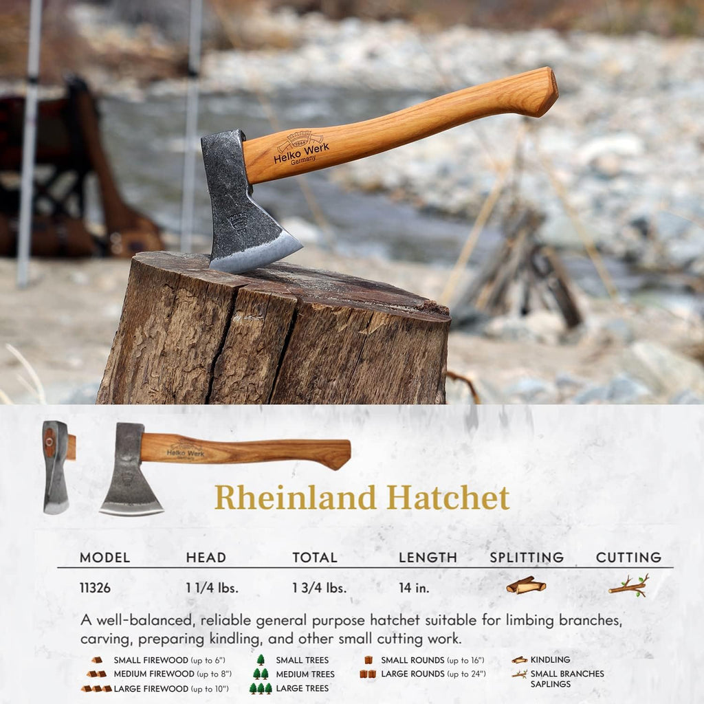 1844 Helko Werk Germany Traditional Rheinland Hatchet - Made in Germany Camping Hatchet and Bushcraft, Backpacking Handmade German Hatchet - Head 1.25 lbs, Handle 14 in. (Rheinland Hatchet) #11326