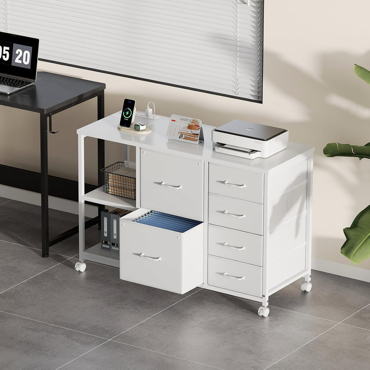 Maihail 6 Drawer File Cabinet with Charging Station and Open Storage Shelf, White