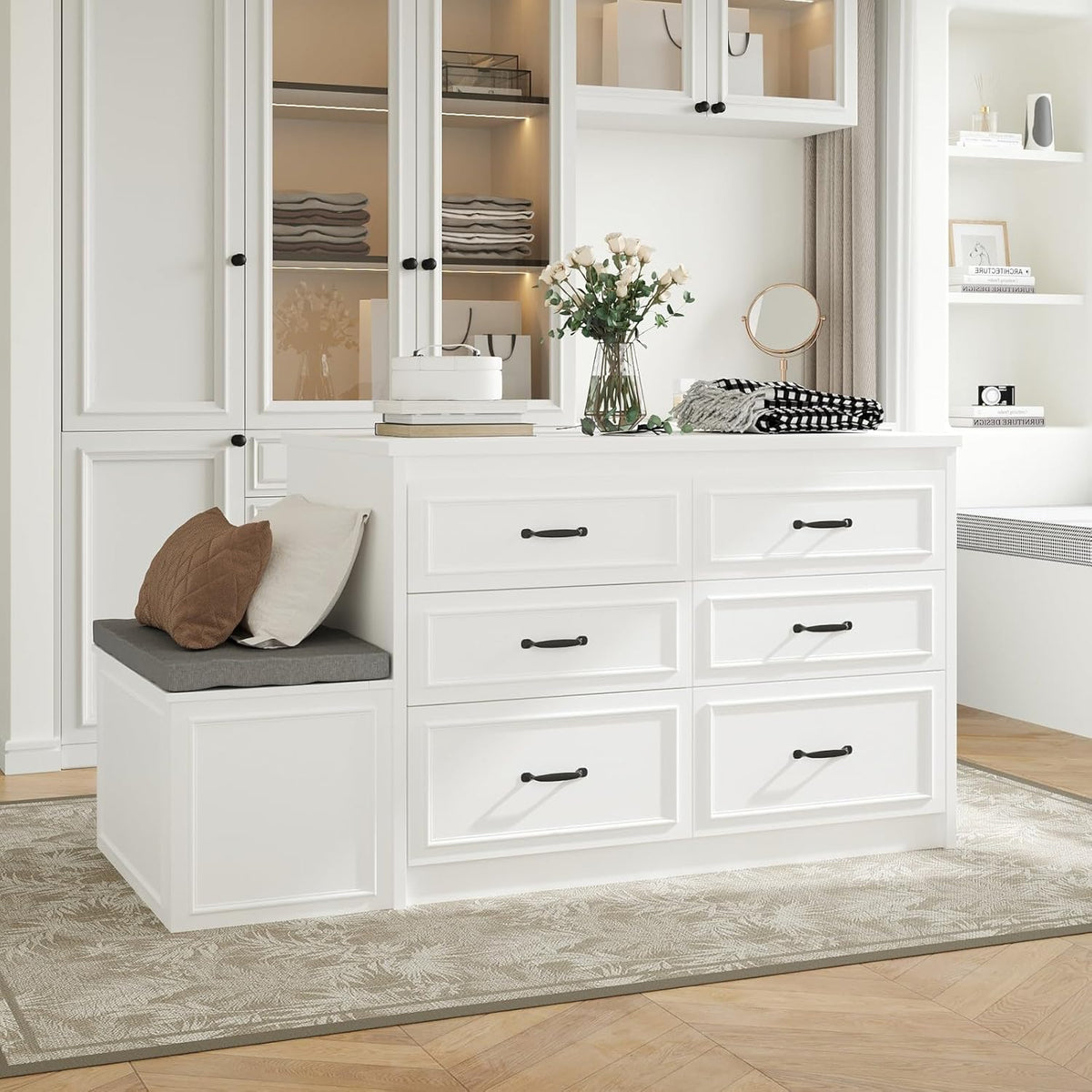 Armoire Bedroom Wardrobe Closet Island with 12 Drawers & Flip Door, Walk in Closet Island with Storage Bench, Islands Dresser for Bedroom Cloakroom White (61.9”W x 27.6”D x 32.6”H)