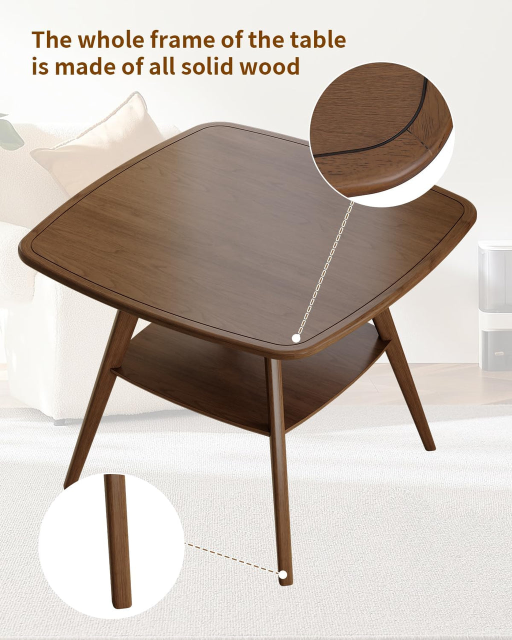LKTART Small Dinner Table for 2, 29.5" Long Square Solid Wood Dining Table with Solid Wood Frame & Veneer Top, Compact Design with Shelf for Dinner Kitchen, Walnut