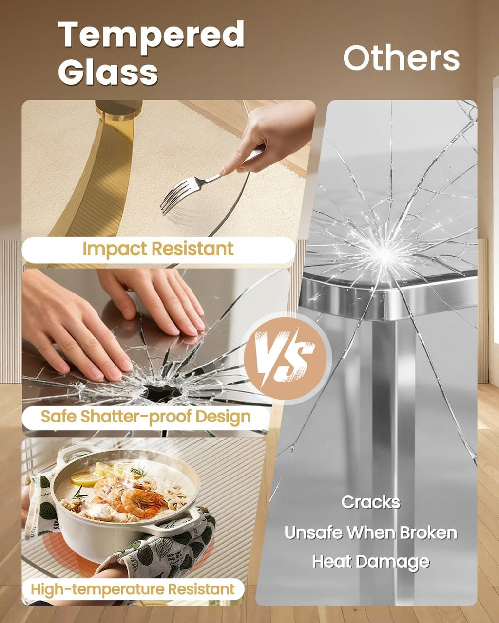38.9" Round Glass Dining Table for 2-4, Modern Dining Room Table with Tempered Glass Tabletop & Stainless Steel Base, Round Glass Kitchen Table for Home, Small Space(Gold)