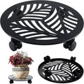 1 Packs Large Metal Plant Caddy with PU Wheels 13.6" Heavy-Duty Wrought Iron Rolling Plant Stands Indoor Outdoor Wheeled Plant Dolly Planter Mover Rollers Plant, Leaf Style