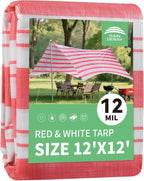 RAINDEWAY Tarps 12x12 Feet,12 Mil Sunshade Striped Tarp Waterproof,Multipurpose Poly Tarp Cover with Grommets and Reinforced Edges,Red/White Tarps