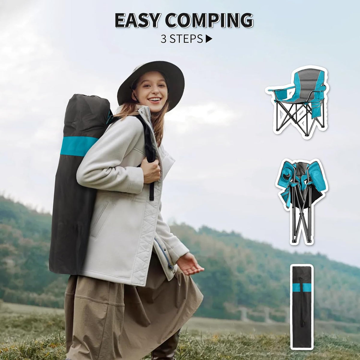 Oversized Padded Camping Chairs for Adults,Heavy Duty Support 400 Lbs,Folding Portable Lawn Chair w/Cup Holder,Cooler Bag,Side Pocket,Perfect for Outdoor Picnic,Hiking(Blue)