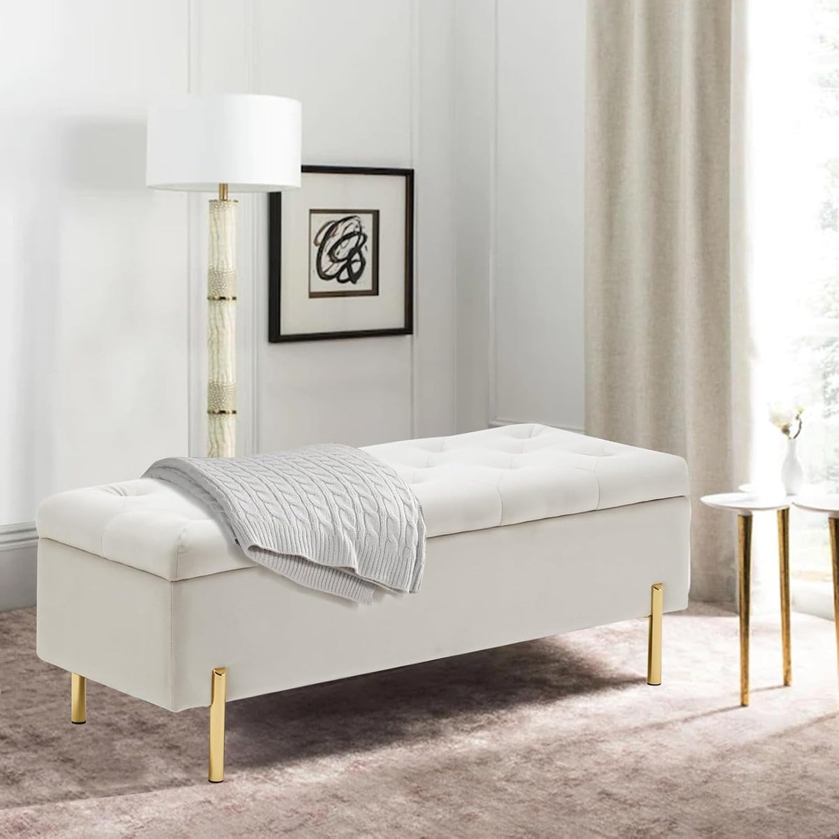Velvet Storage Bench Ottoman,Versatile Seating with Hidden Storage,End of Bed Bench,Tufted Bench for Bedroom,Living Room,Entryway,Ivory
