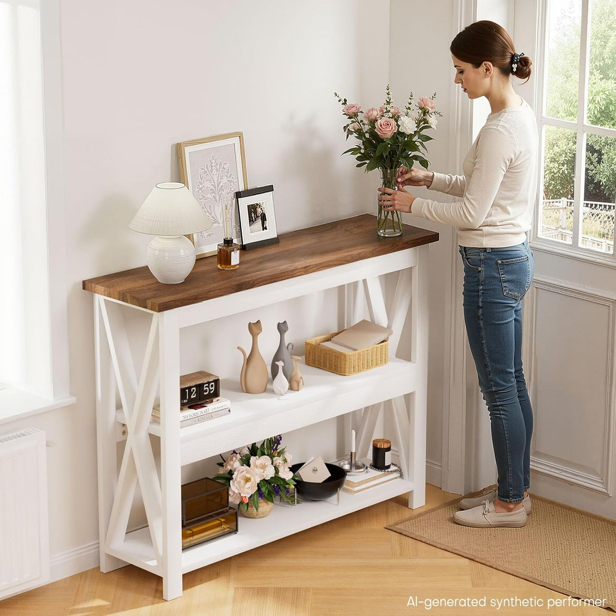 3-Tier Wood Entryway Table: 41" Narrow Console Shelf for Hallway - Farmhouse Sofa Desk Storage for Living Room (White)