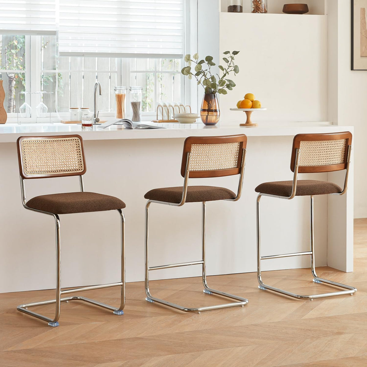 GrandNoor Natural Rattan Counter Height Stools Set of 3 with Solid Wood Back, 24 Inch Mid Century Modern Cesca Bar Stools, Brown Upholstery Boho Stool for Kitchen Counter with Chrome Metal Legs