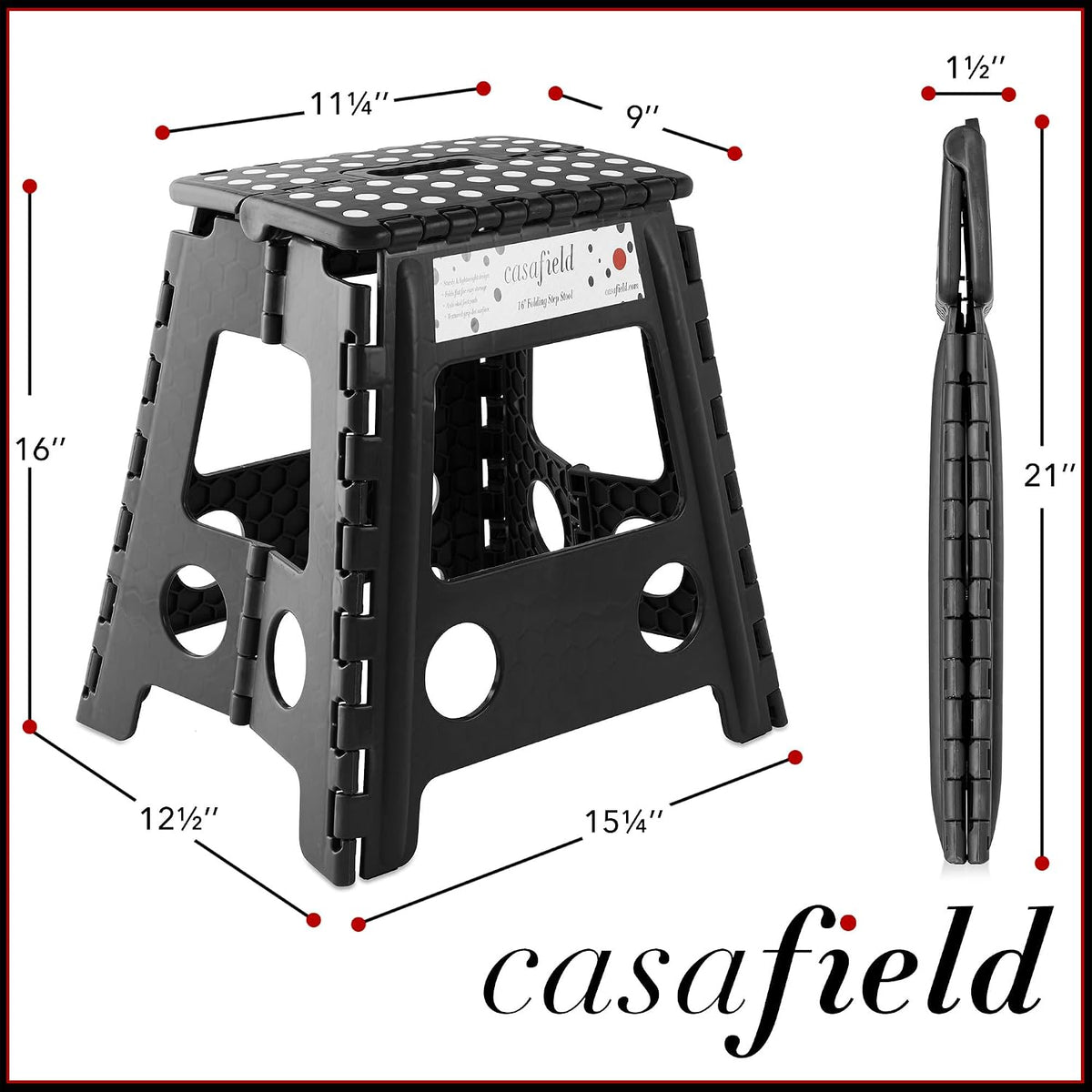 Casafield 16" Folding Step Stool with Handle (Set of 2), Black - Portable Collapsible Small Plastic Foot Stool for Adults - Use in the Kitchen, Bathroom and Bedroom