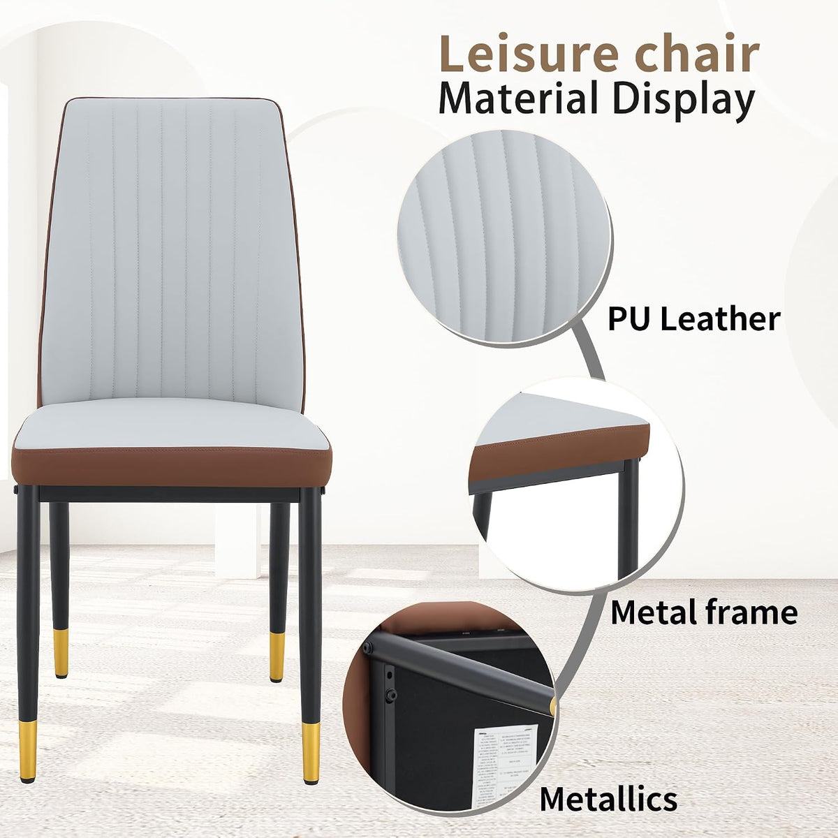 Dining Room Chairs Set of 6, Leather Two-Tone Leather Upholstery Kitchen Chairs with High Back, Vertical Channel Stitching, Powder-Coated Black Metal Legs for Dining Room, Kitchen, Living Room