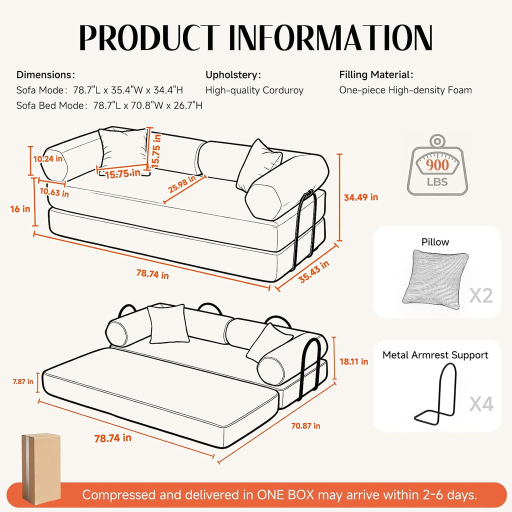 79" Corduroy Sofa Bed, Couch in a Box with 2 Pillows, High-Density Foam 4-in-1 Foldable Sleeper Futon Loveseat for Small Spaces, No Assembly, Side Pockets, Hex Arm White