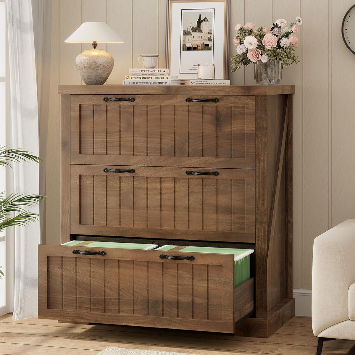 SEDETA Filing Cabinet for Home Office, Farmhouse 3 Drawer File Cabinet, Wood Office File Cabinets for Letter/Legal/A4 Size, Lateral File Cabinets with Printer Stand, Brown
