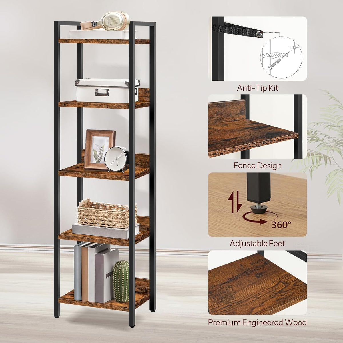 MAHANCRIS Bookshelf, 5-Tier Bookcase, Standing Book Shelf for Small Space, Storage Shelf Organizer, for Living Room, Bedroom, Study, Balcony, Rustic Brown and Black BKHR5501
