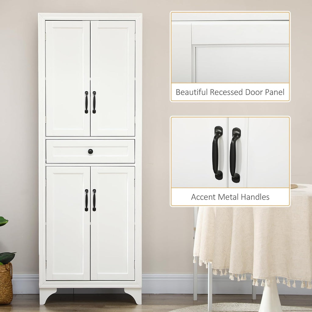 HOMCOM 67" Tall Freestanding Kitchen Pantry Cabinet, 4-Door Storage Cabinet with Drawer and Adjustable Shelves for Dining Room, White