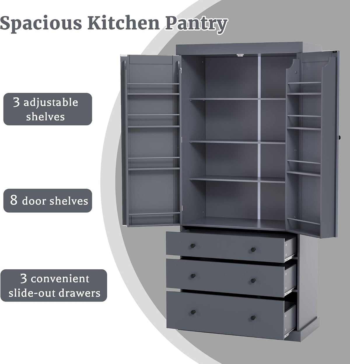 Ball & Cast 77" Freestanding Kitchen Pantry with 3 Drawers and Adjustable Shelves,Tall Cupboard Storage Cabinet with 8 Door Shelves, for Kitchen,Dining Room,Living Room,Apartment,Gray