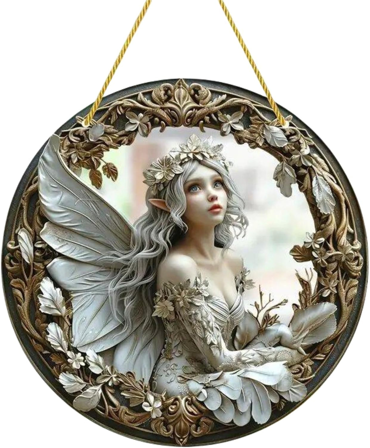 Flower Fairy Garden Decorations Angel Wing Christmas Halloween Deco Statue Art Elf Sculpture Hanging Craft for Outdoor Yard Courtyard Lawn Patio Window Acrylic Ornament Home Gift (D,L: 8*8 IN)