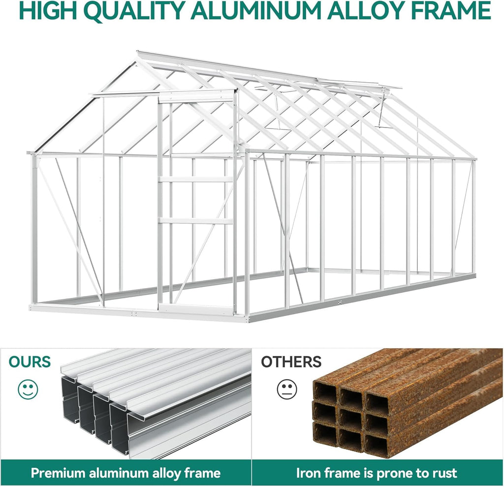 YITAHOME 16x6FT Polycarbonate Greenhouse for Outdoors, Large Heavy Duty Aluminum Greenhouses with Sliding Doors and Vent Window, Walk-in Greenhouse for Garden Backyard, Simple Setup, Silver