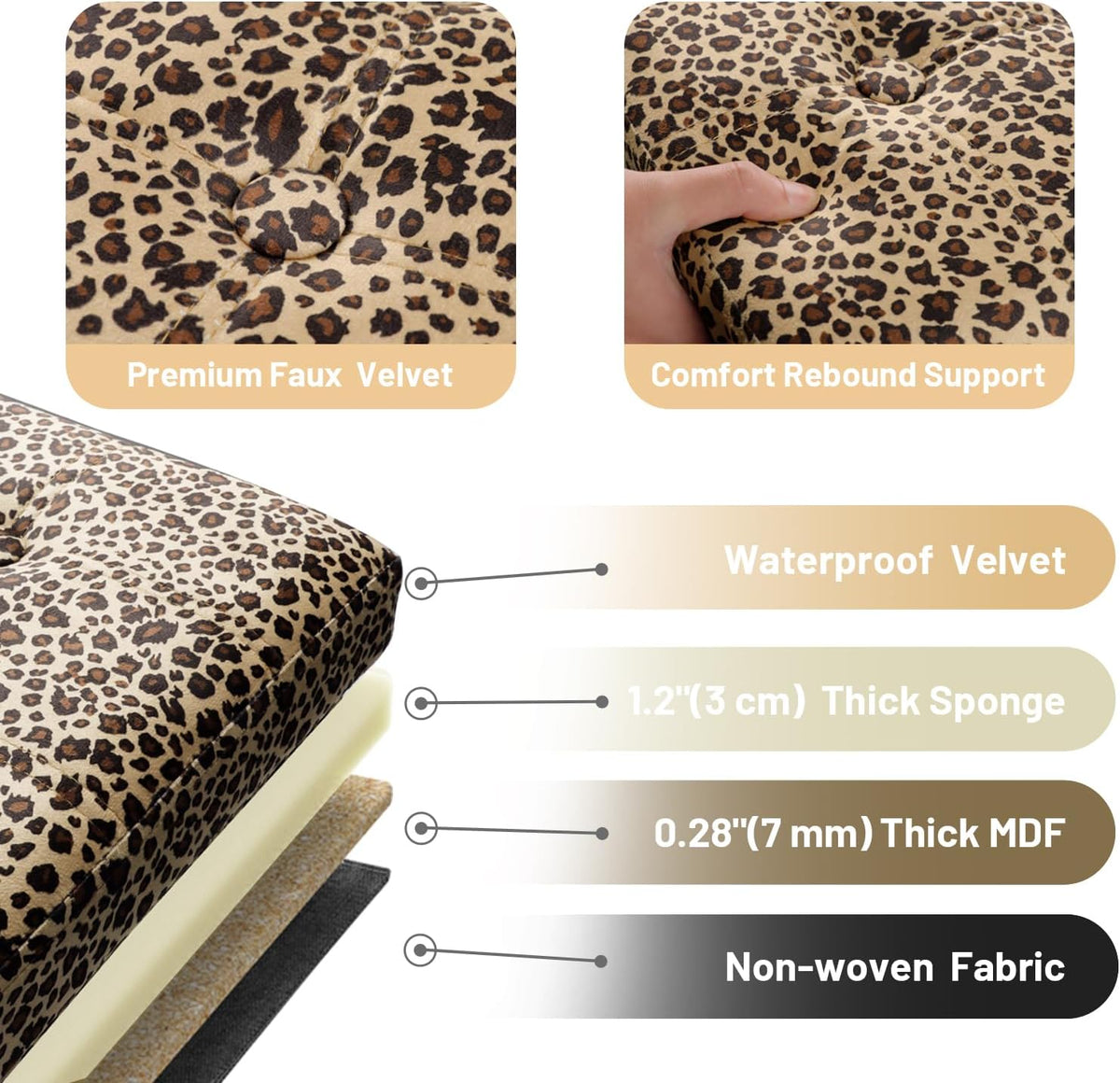 Bsketa Storage Ottoman Bench, 34" Folding Velvet Foot Rest,Leopard Print | Large Ottoman with Storage, Thicker Foam Padded Seat, Livingroom, Dorm, Bedroom, Easy to install, 86L,34 x 13 x 13in