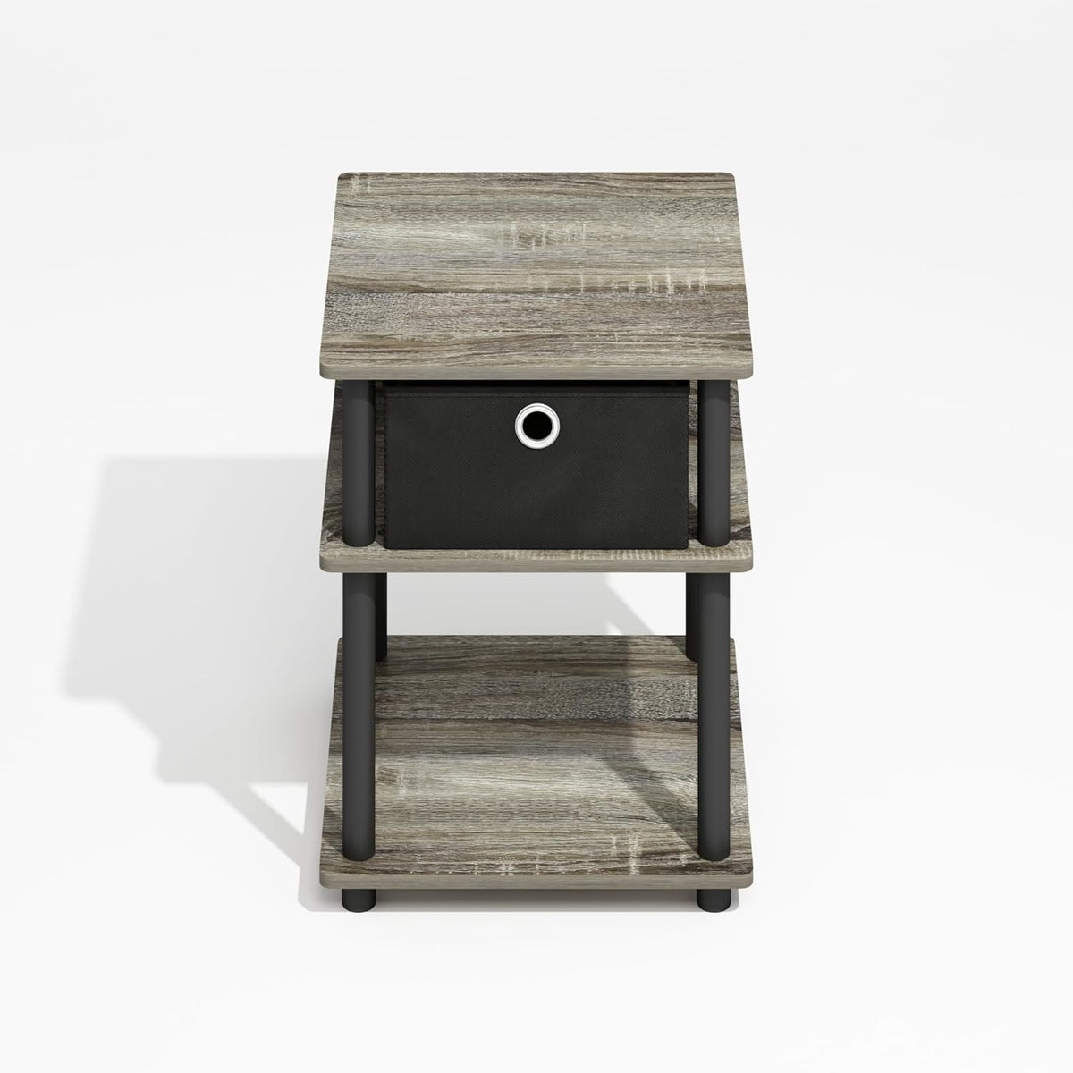 Furinno Turn-N-Tube Side Table, 3-Tier Square Modern End Table with Storage Bin, Open Shelf Night Stand, Bedside Table, Easy Assembly, Grey Oak