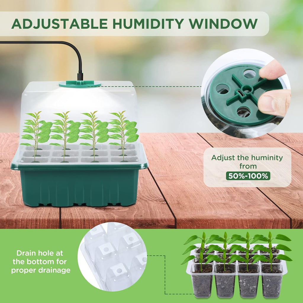 Seedfactor 7-Pack Seed Starter Kit with Grow Light (12 Cells per Tray), Plant Germination Trays with Adjustable Humidity Dome Seed Trays Seedling Starter with Base Trays for Germination