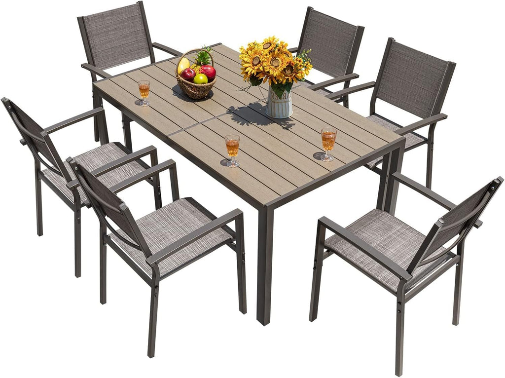 Homall Patio Dining Set 7 Pieces Outdoor Furniture with Large Table and 6 Textilene Chairs for Porch, Poolside, Yard and Garden, Light Grey
