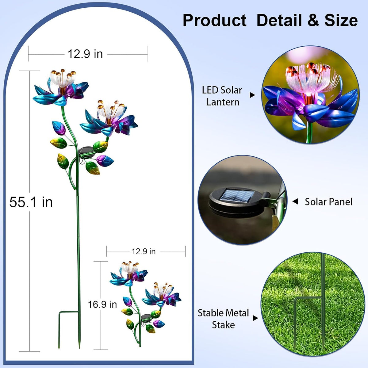 Solar Wind Spinners Blue Twin Flowers for Yard and Garden, Solar Windmill Garden Whirligig Kinetic Spinners Decor for Lawn, Patio, Yard, Metal Wind Outdoor Sculpture