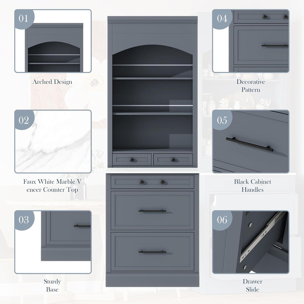 Merax Modern 83.7inch Freestanding Kitchen Hutch with Faux Marble Top, Kitchen Pantry with 5 Storage Drawers and Adjustable Shelf, Gray