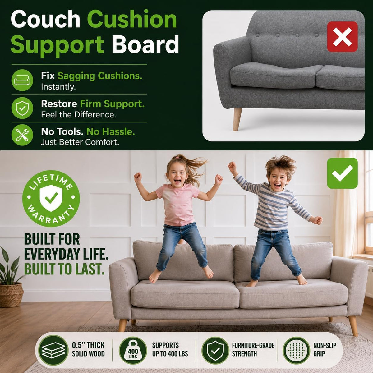 BEN'SHOME® Couch Cushion Support Board, Fix Sagging Sofas | 58-67" x 19.7"